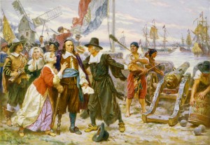 Dutch settlers plead with Peter Stuyvesant to surrender to the English fleet.